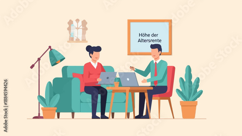 Two people discuss pension at a desk with laptops