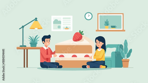 Two people sitting on floor sharing a giant strawberry cake slice