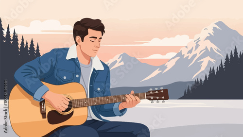 Young man plays guitar by serene snowy mountains at sunset