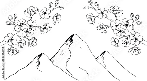 Mountains with cherry blossoms Vector, illustration