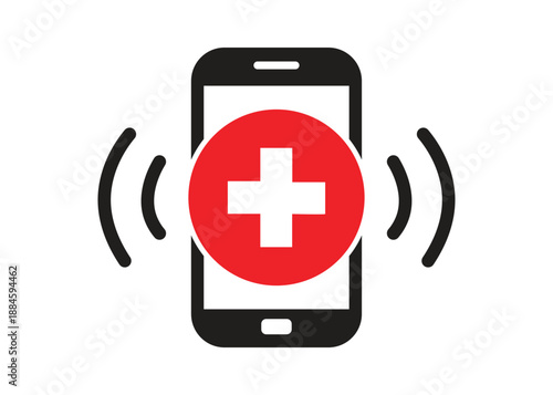 Emergency call or alert medical smartphone icon with red cross symbol ringing