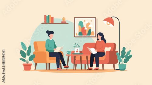 Two people relax in a cozy living room, reading books