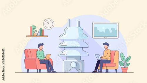 Two individuals working on laptops in a minimalist room with a large insulator