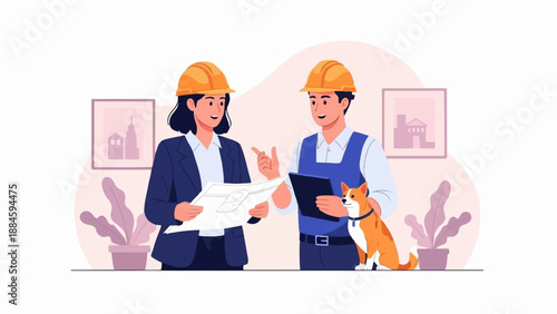 Two architects in hard hats discuss blueprints, with a dog by their side