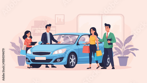 People with shopping bags and a car inside a modern building interior