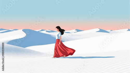 Woman in red skirt walks through a pastel desert landscape