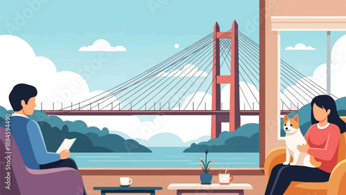 People relaxing indoors with a scenic view of a large suspension bridge