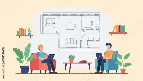 Two people collaborate on a house plan while relaxing at home