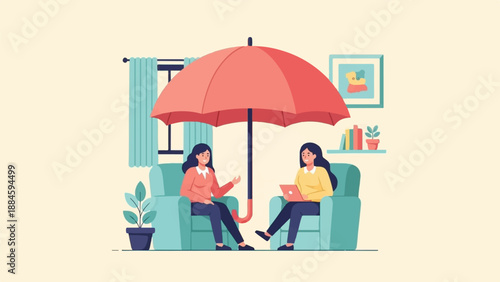 Two women in an indoor setting under a large umbrella, one using a laptop