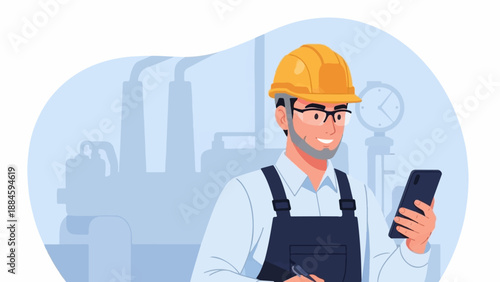 Smiling worker in hard hat holding phone near industrial background