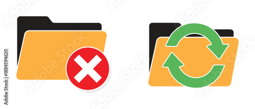 File management folder icons vector illustration set featuring deletion error and synchronization data transfer operations