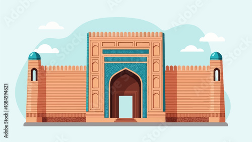 Ornate ancient fortress gate with turquoise dome towers under a bright sky