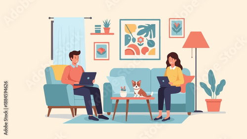 People working on laptops at home with a dog