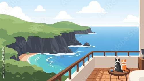 Two dogs on balcony overlooking a scenic ocean and coastal view
