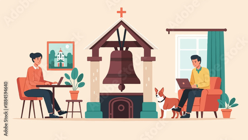 People working on laptops with a dog and bell tower in a cozy interior