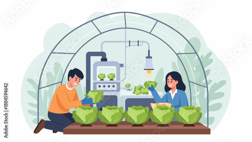 People tending to fresh produce in a futuristic greenhouse environment