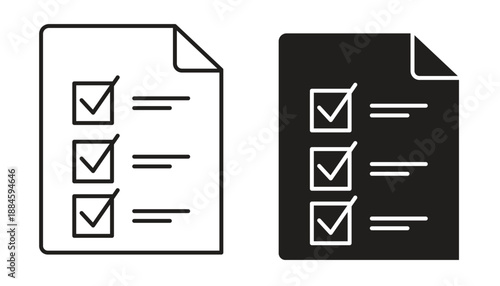 Business checklist document icon vector illustration outline and solid black style for task completion successful process
