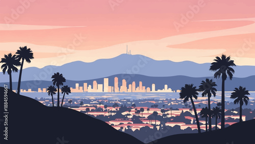 Pixelated sunset over a sprawling city with silhouetted palm trees
