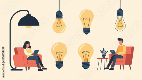 Two individuals seated, working on laptops, surrounded by illuminating light bulbs