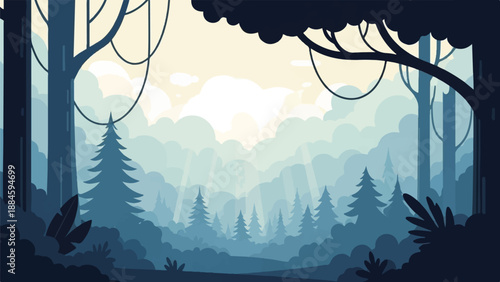 Serene, misty forest with sunbeams piercing through trees at dawn