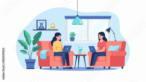 Two women work on laptops while relaxing in armchairs in a cozy living room