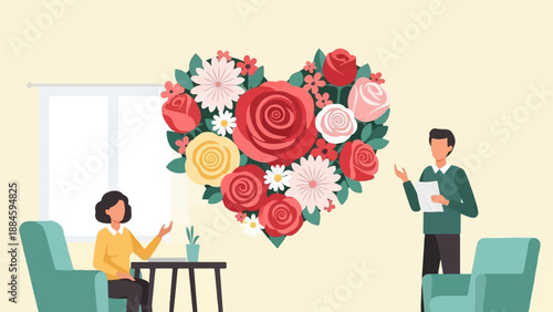 Two people in a room, with a large heart of flowers above them