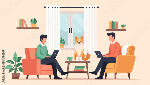 Two individuals work on laptops in a cozy living room with a dog