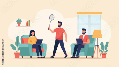 People working and playing indoors with plants and furniture