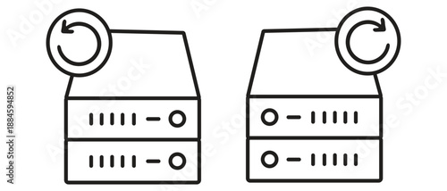 Vector illustrations of computer servers with refresh or recycle icon representing data backup or synchronization functions