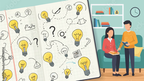 Two people discuss ideas and questions over a notebook of lightbulbs