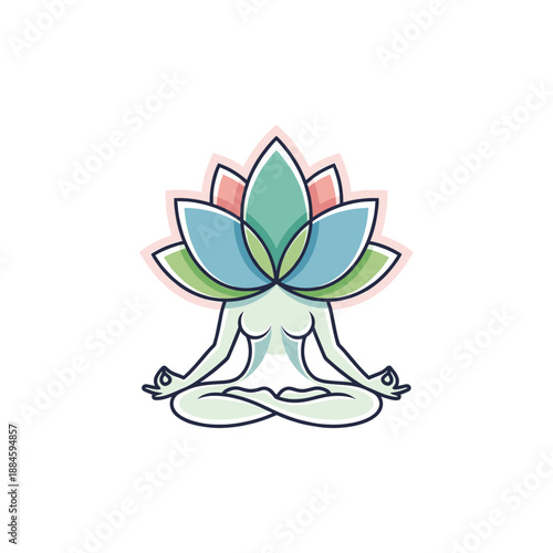 Stylized illustration of a person in a lotus yoga pose with a colorful lotus flower as the head, symbolizing peace and meditation.