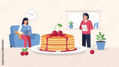 Two people are in a room with a large stack of pancakes and cherries