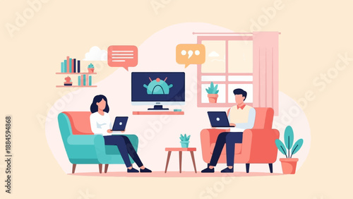 Two people work on laptops while sitting in armchairs in a room with a computer