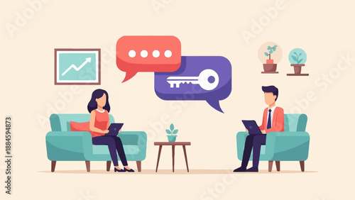 Two people in an office setting communicating digitally about a key idea