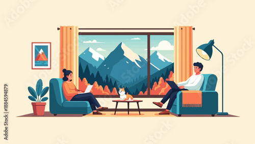 Two people relax indoors with a pet, looking out at mountains