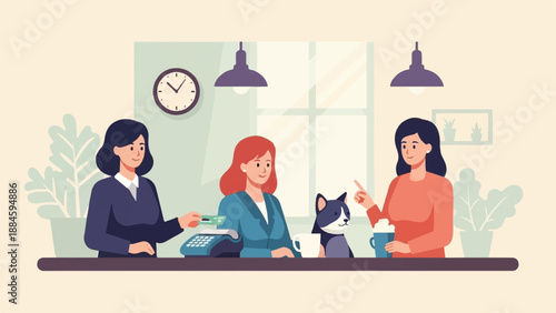 Three women and a cat interact at a counter with a cash register, plants, and a clock