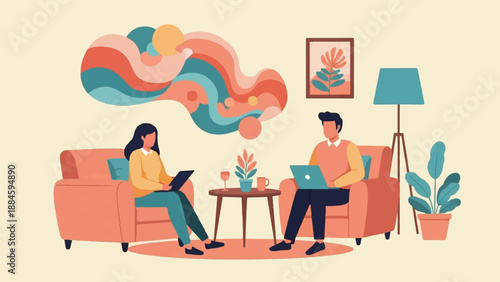 Two people relax in armchairs, each engrossed in their own digital device