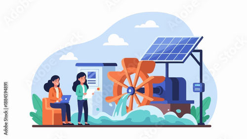 Two women discuss a water wheel and solar panel setup generating clean energy