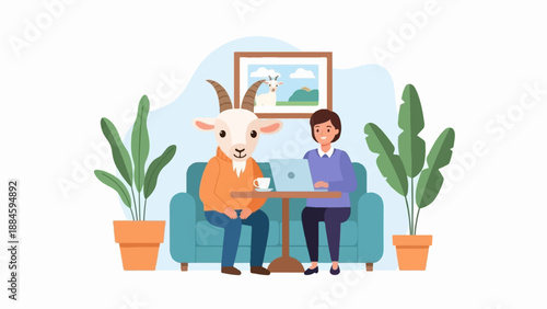 Person and goat relax indoors with plants and laptop