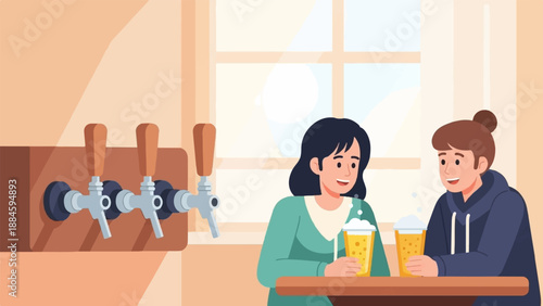 Two people smiling, holding beer mugs, with beer taps in the background