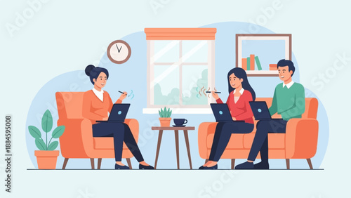 Three people working on laptops in a cozy room with a window