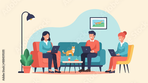 Three people working on laptops in a cozy living room with a cat