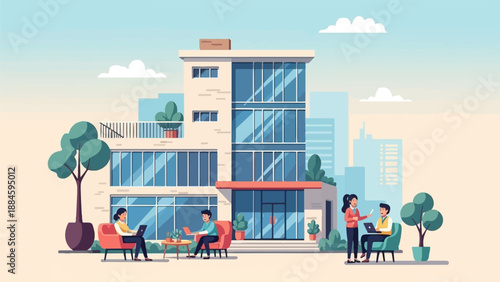 Modern building with people working remotely outside