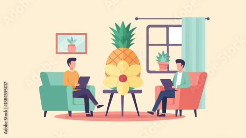 Two men sit on couches in a room, each with a laptop