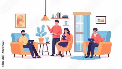 Team collaborating in a modern office space with laptops and plants