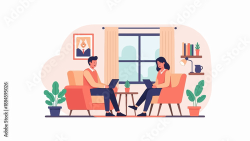 Two people work on laptops in a cozy living room with plants and decor