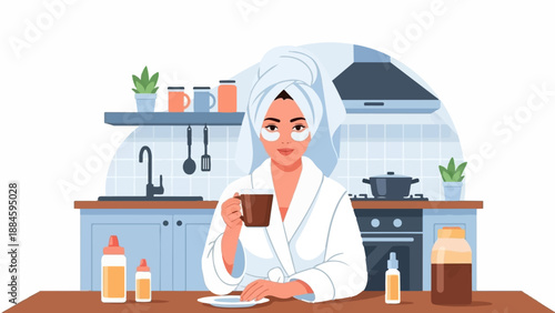 Woman in bathrobe and towel enjoys morning coffee, with eye patches on