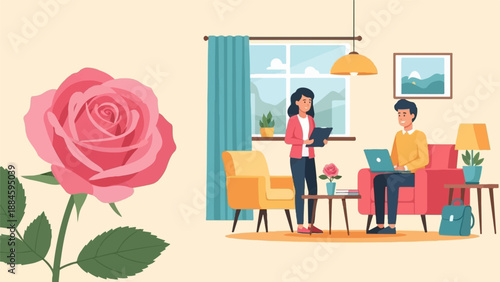 Two people work inside a room with a large pink rose to the left