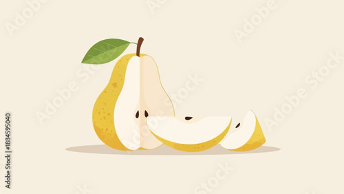 Sliced pear with a whole pear and a leaf on a light background