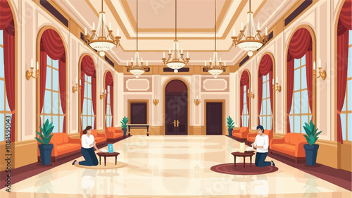 Two individuals engage with digital devices in an opulent, sunlit hall